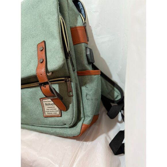 Ugrace Green Canvas Backpack with USB Port – Vintage Style Tech Laptop Bag - Picture 3 of 3